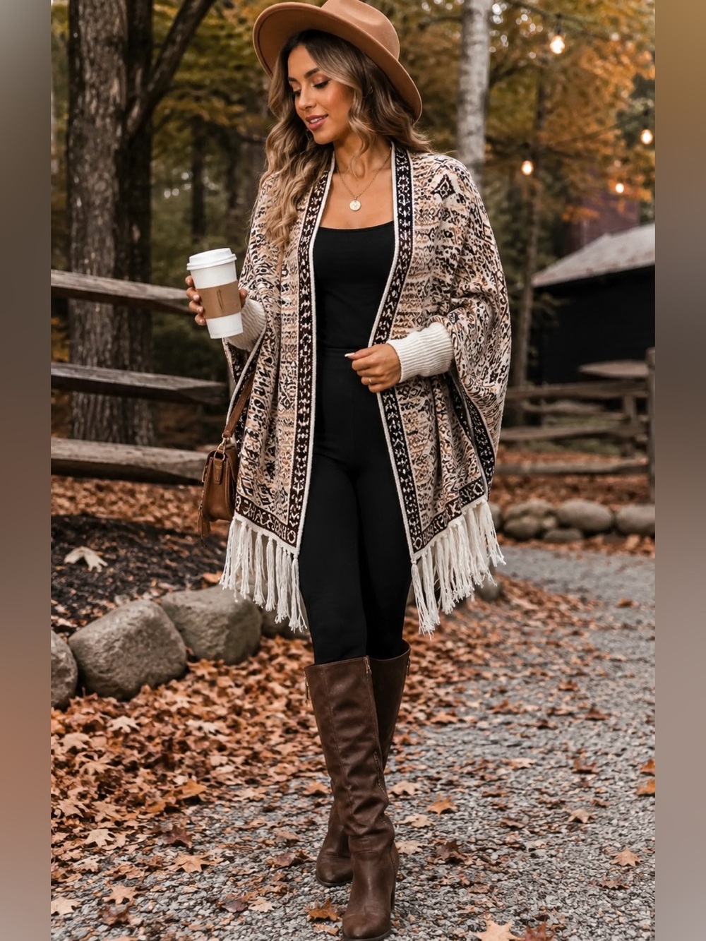 Cream Brown Fair Isle Fringe Cardigan Poncho Sweater L NEW